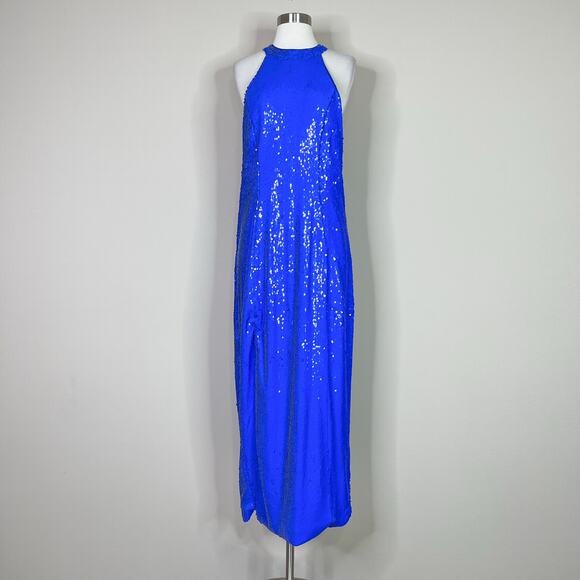 NEW Eloquii | Sequin Blue Halter Sparkle Plus Size Slit Midi Maxi Sexy Dress 16 - Picture 2 of 13